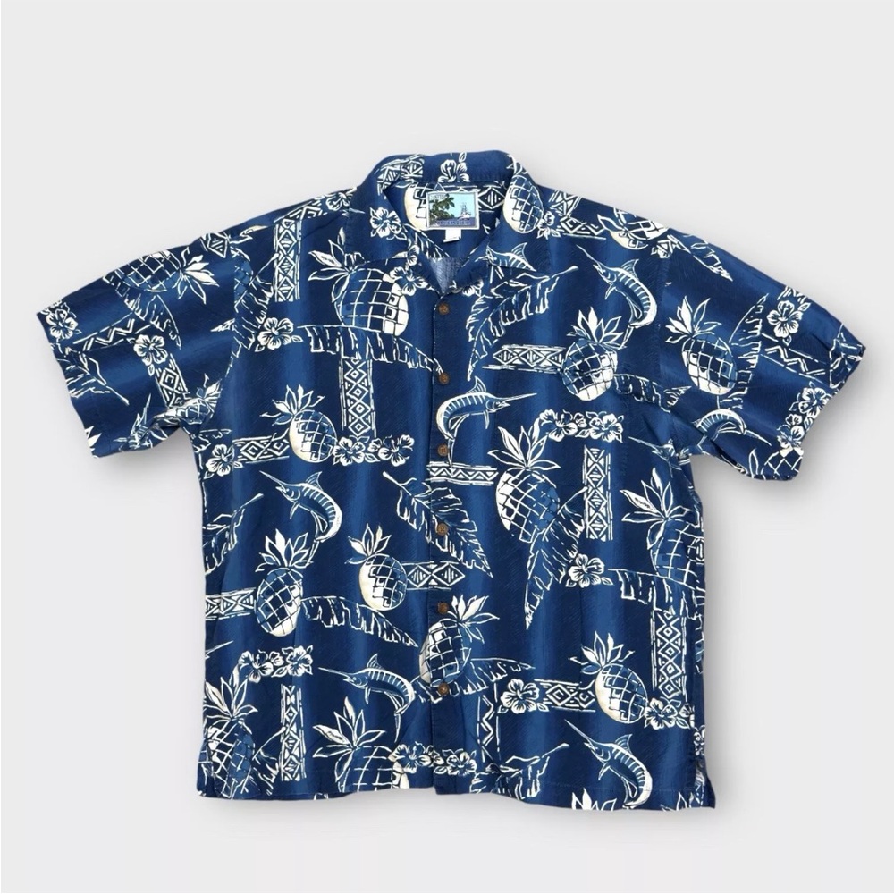 AFTCO Bluewater Hawaiian Button Up Shirt Adult Large Blue Fish Leaf Pineapple